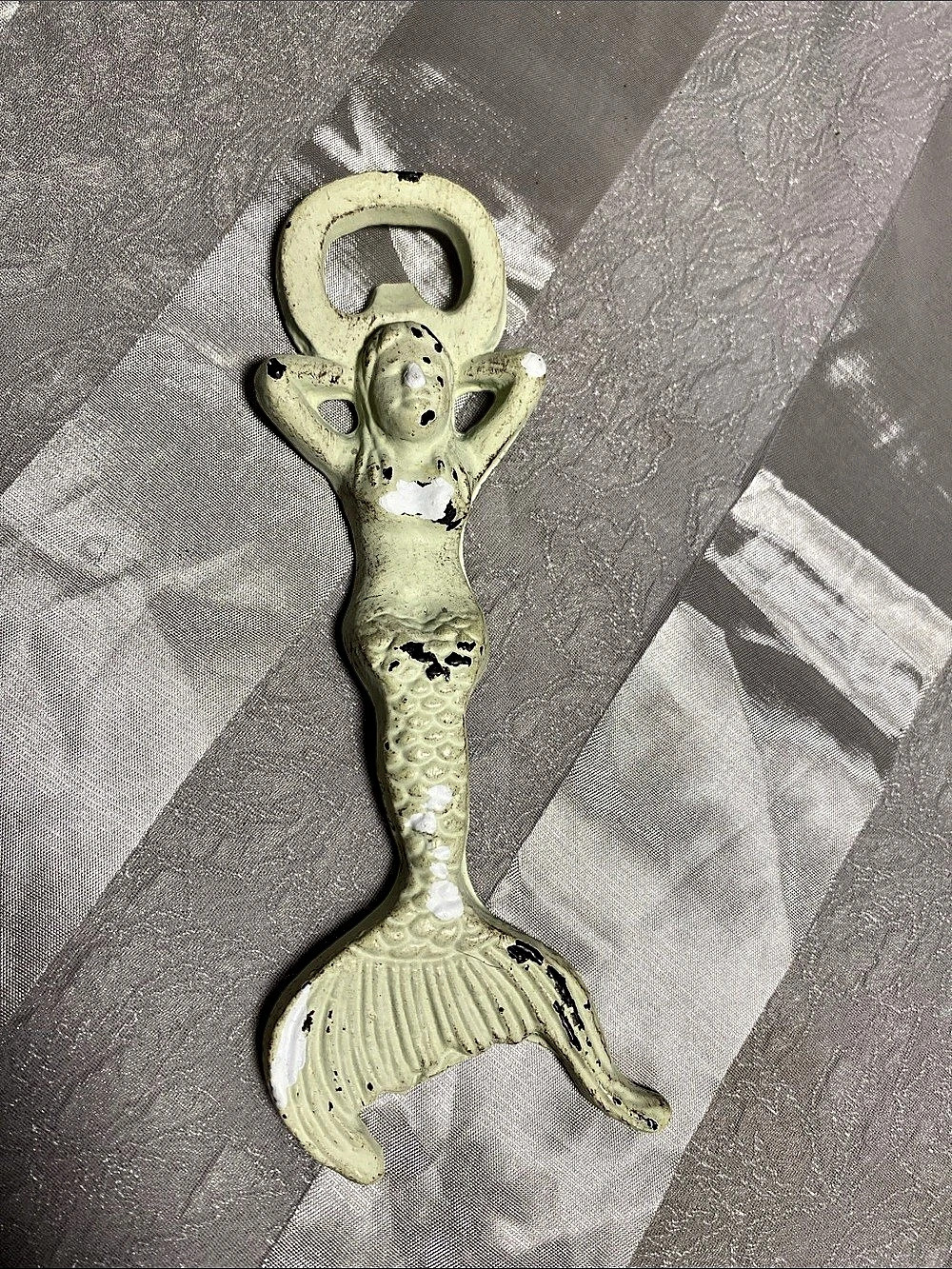 Mermaid bottle opener in Distressed Green and White - Antiqued Cast Metal